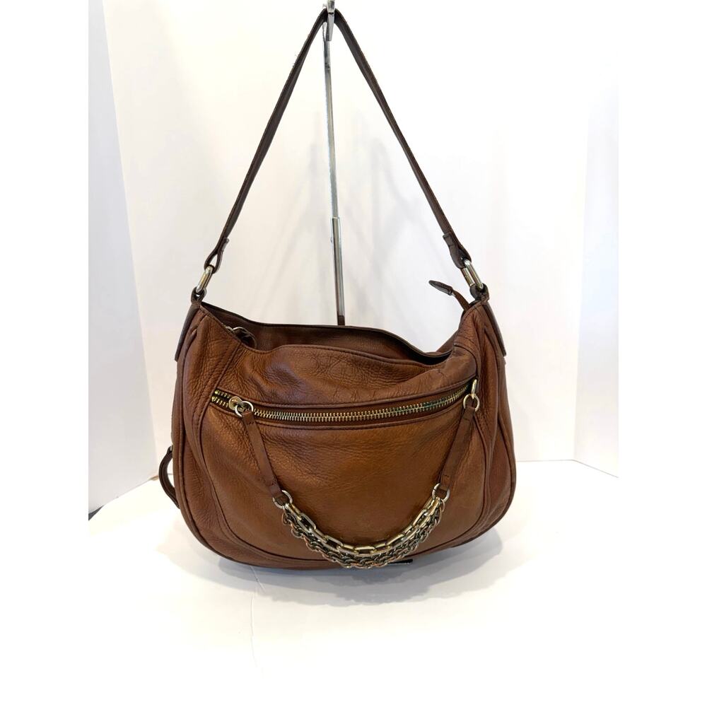 Halogen Brown Leather Medium Chain Accent‎ Expanding Crossbody Purse Bag